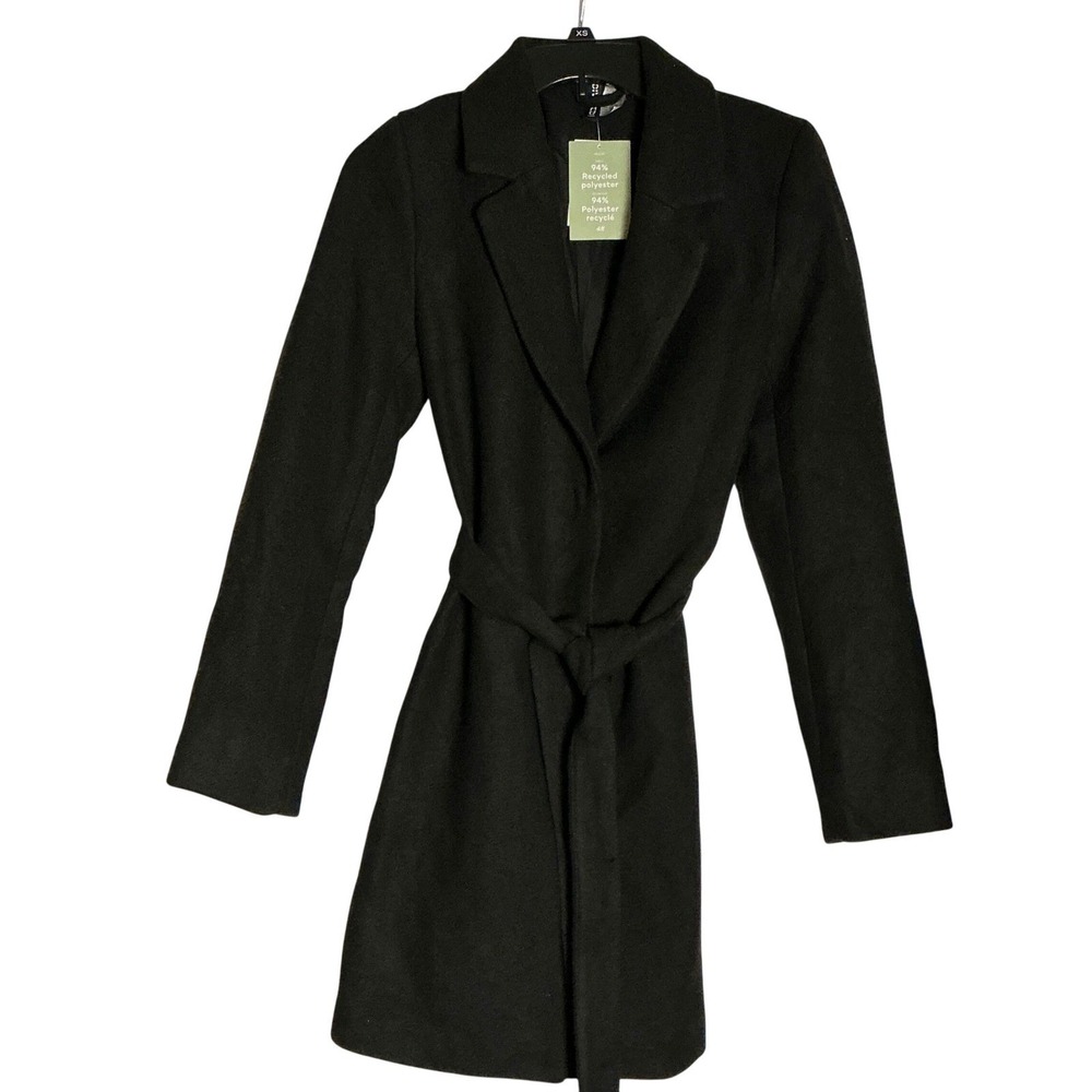H&M Divided Black Belted Wool Blend Coat Small Recycled Polyester Outerwear